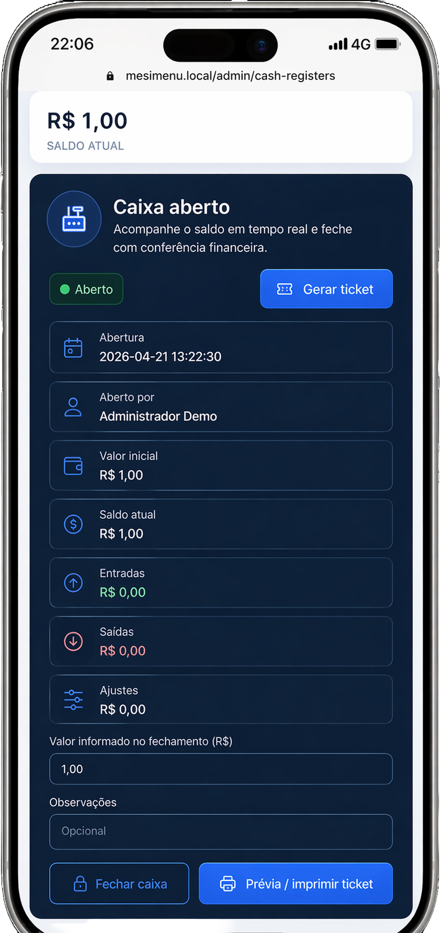 Controle de caixa e comandas do MesiMenu