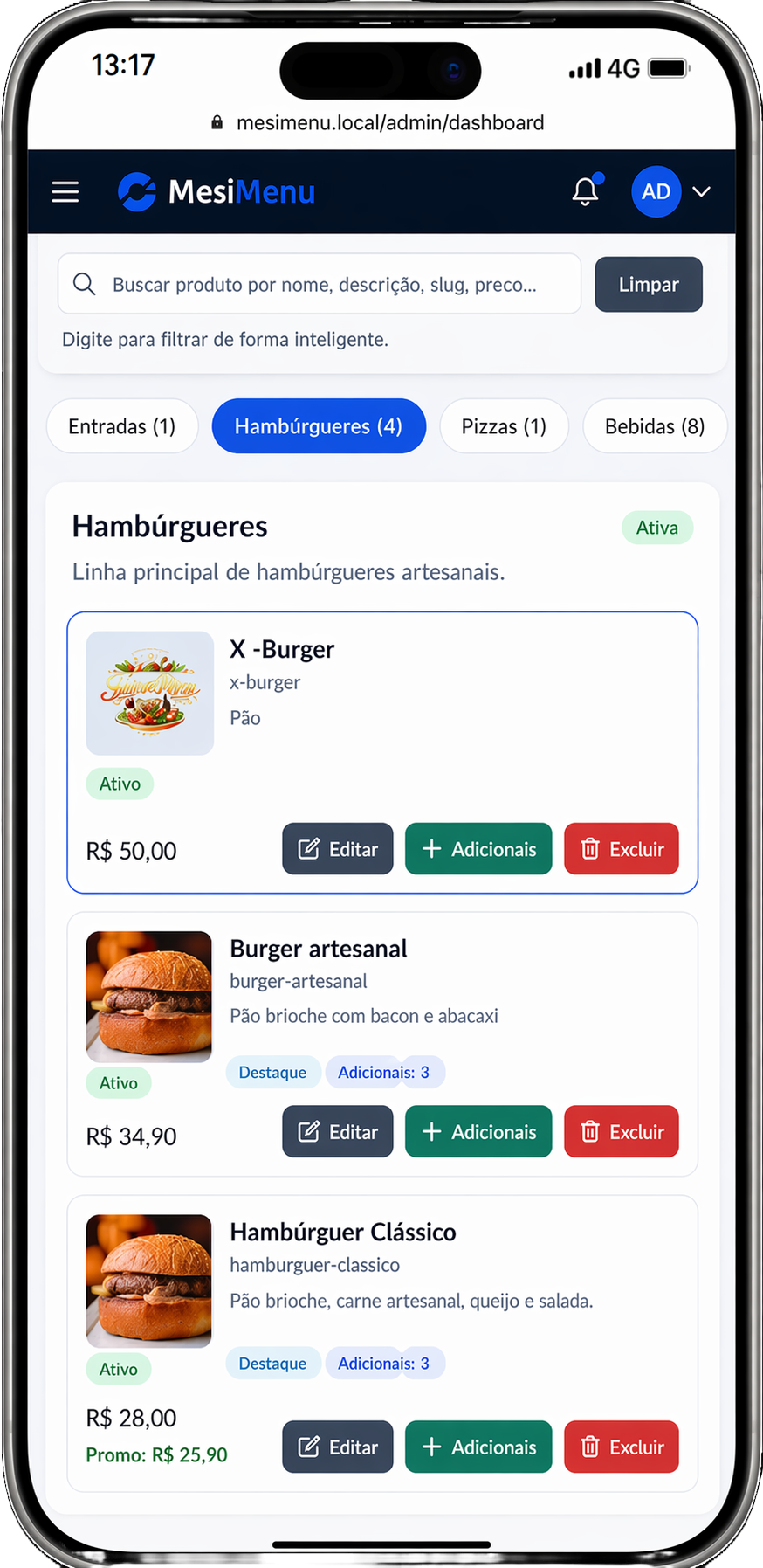 Tela de produtos e adicionais do MesiMenu